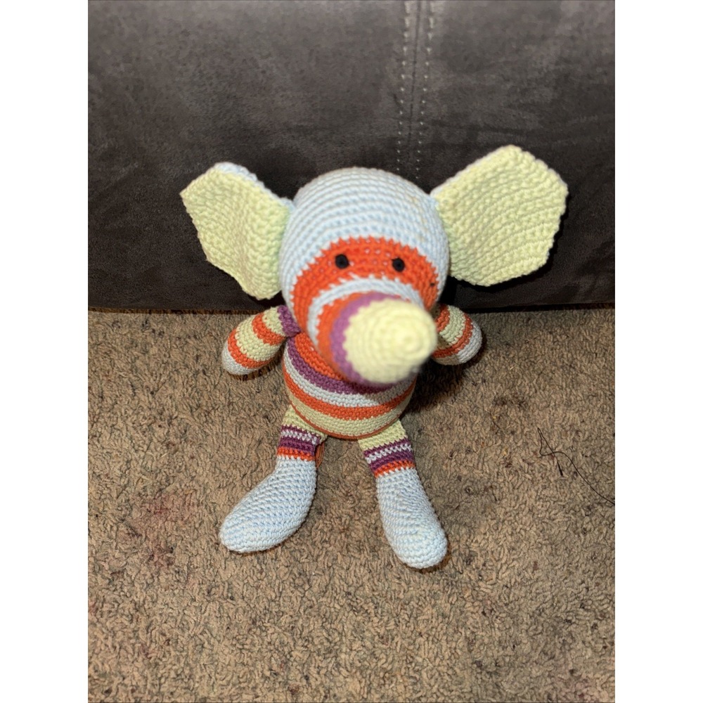 Vintage World‎ Market Crocheted Green Striped Plush Elephant Unique Collection
